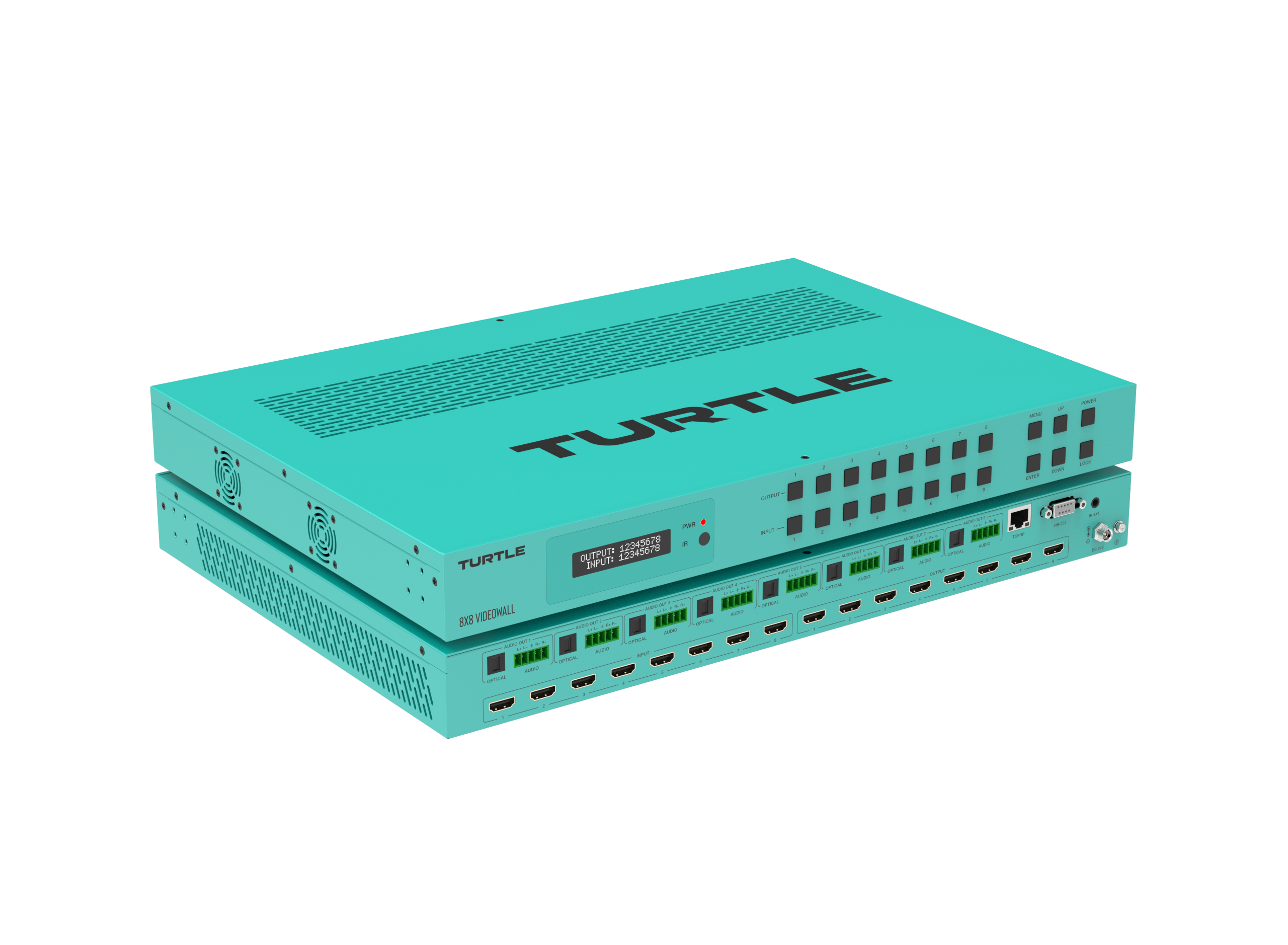 Turquoise elektronisch apparaat met het merk 'TURTLE' op een witte achtergrond