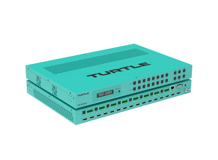Turquoise elektronisch apparaat met het merk 'TURTLE' op een witte achtergrond