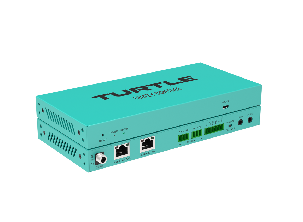 Turquoise elektronisch apparaat met het merk 'Turtle' op een witte achtergrond
