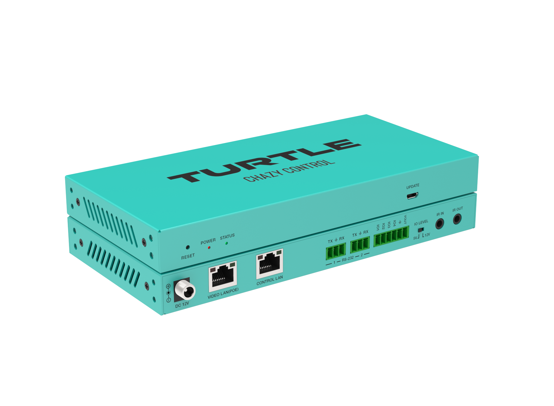 Turquoise elektronisch apparaat met het merk 'Turtle' op een witte achtergrond