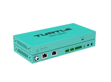 Turquoise elektronisch apparaat met het merk 'Turtle' op een witte achtergrond
