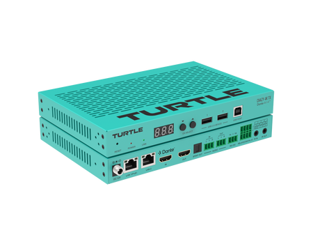 Turquoise elektronisch apparaat met het merk 'TURTLE' op een witte achtergrond