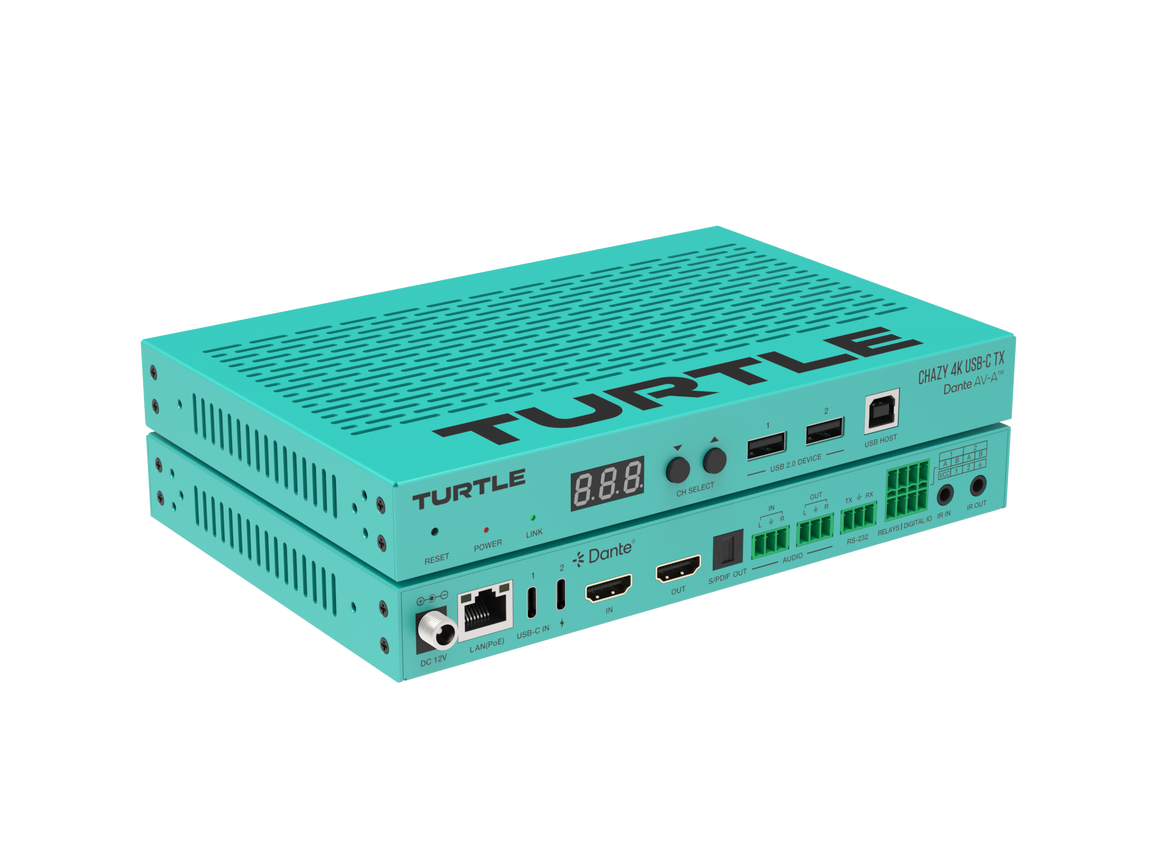 Turquoise elektronisch apparaat met het merk 'TURTLE' op een witte achtergrond