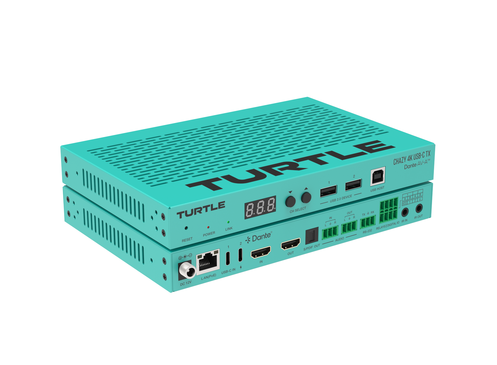 Turquoise elektronisch apparaat met het merk 'TURTLE' op een witte achtergrond
