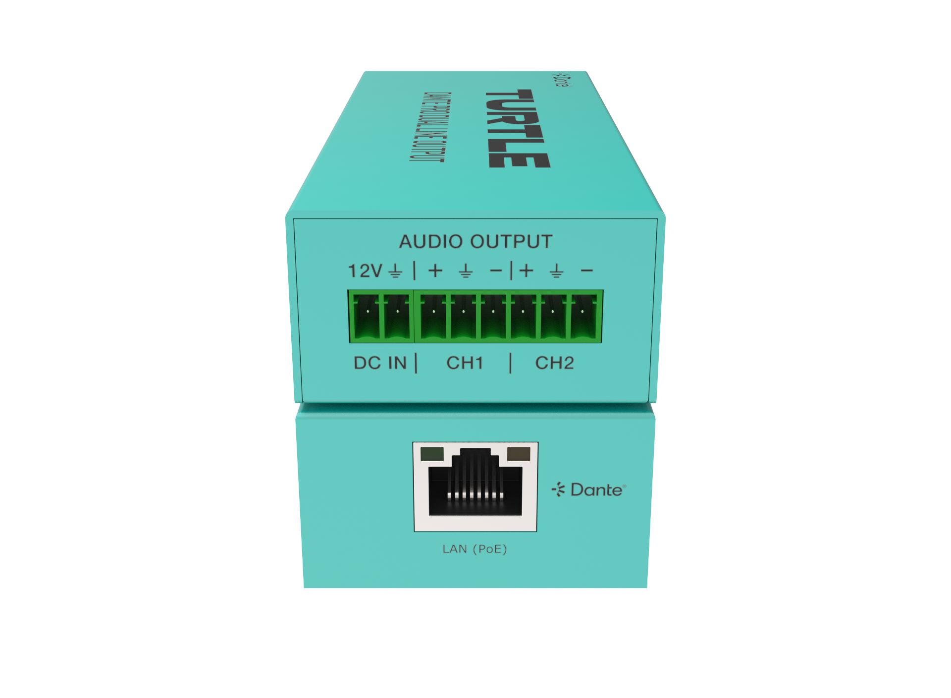 Turquoise verpakking van een elektronisch apparaat met informatie over audio-uitgang en Dante-connectiviteit op een witte achtergrond