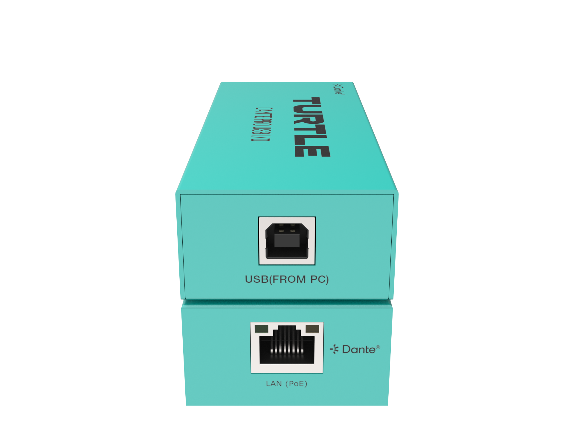 Turquoise doos met technische connectoren op een witte achtergrond