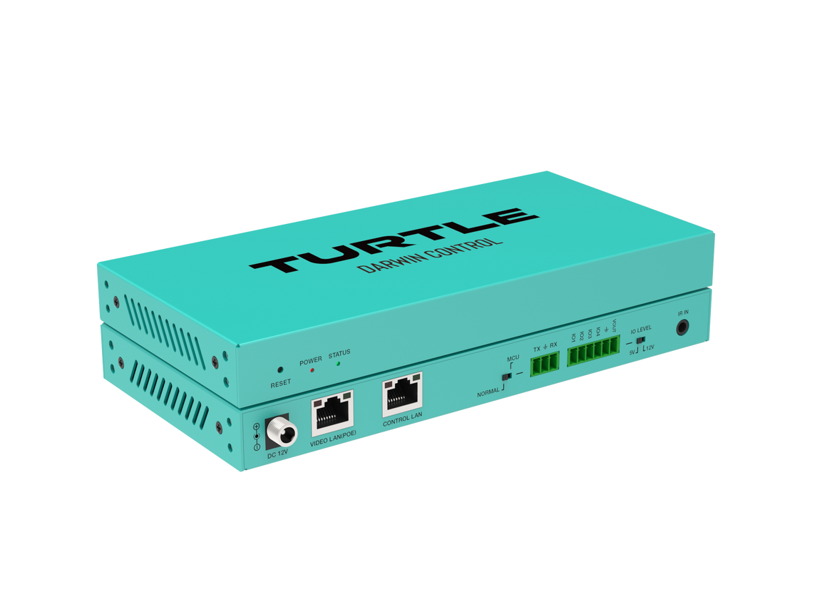 Turquoise apparaat met 'Turtle'-logo op een witte achtergrond