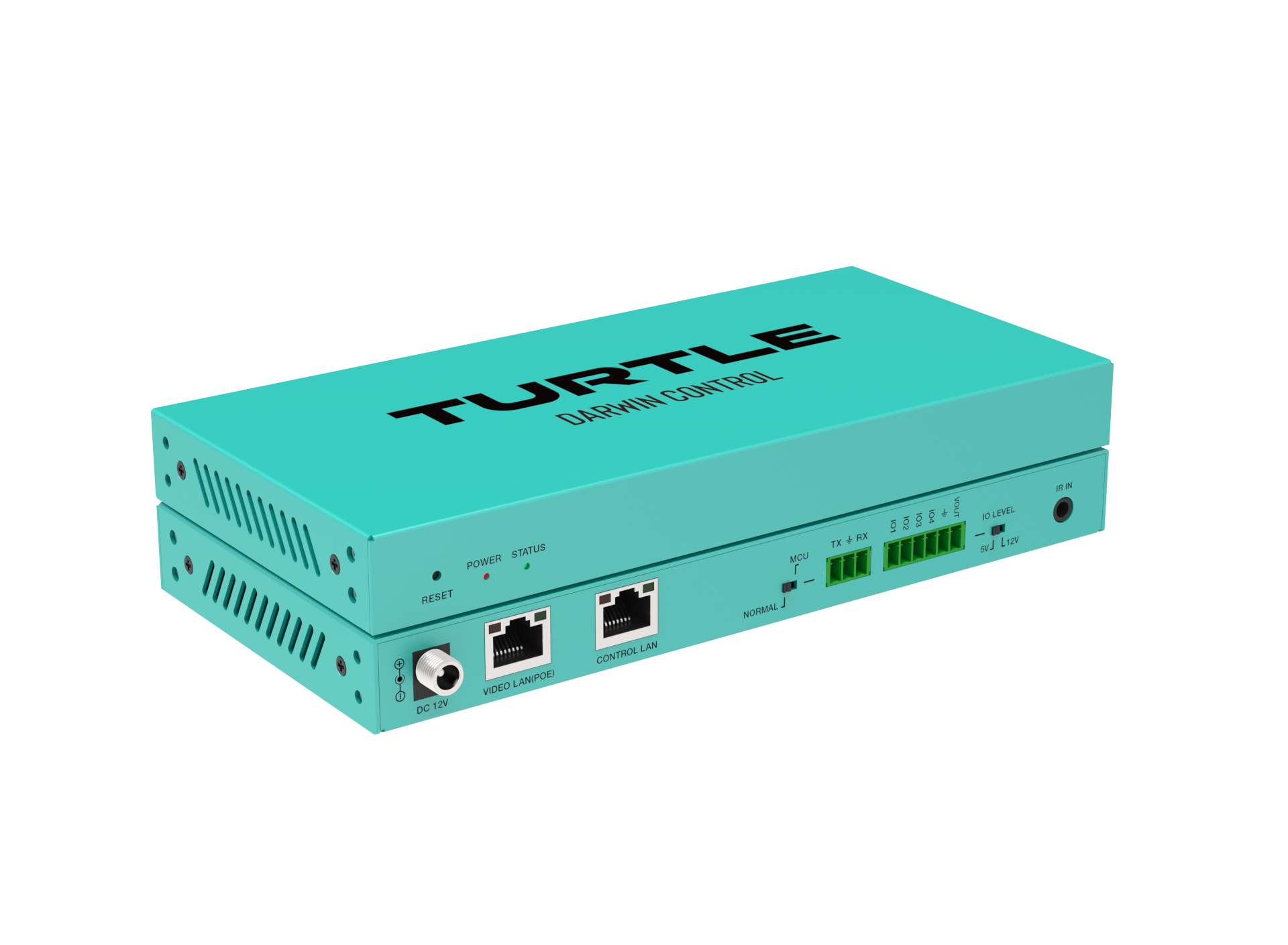 Turquoise apparaat met 'Turtle'-logo op een witte achtergrond