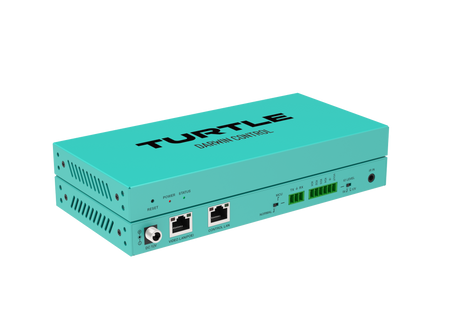 Turquoise apparaat met 'Turtle'-logo op een witte achtergrond
