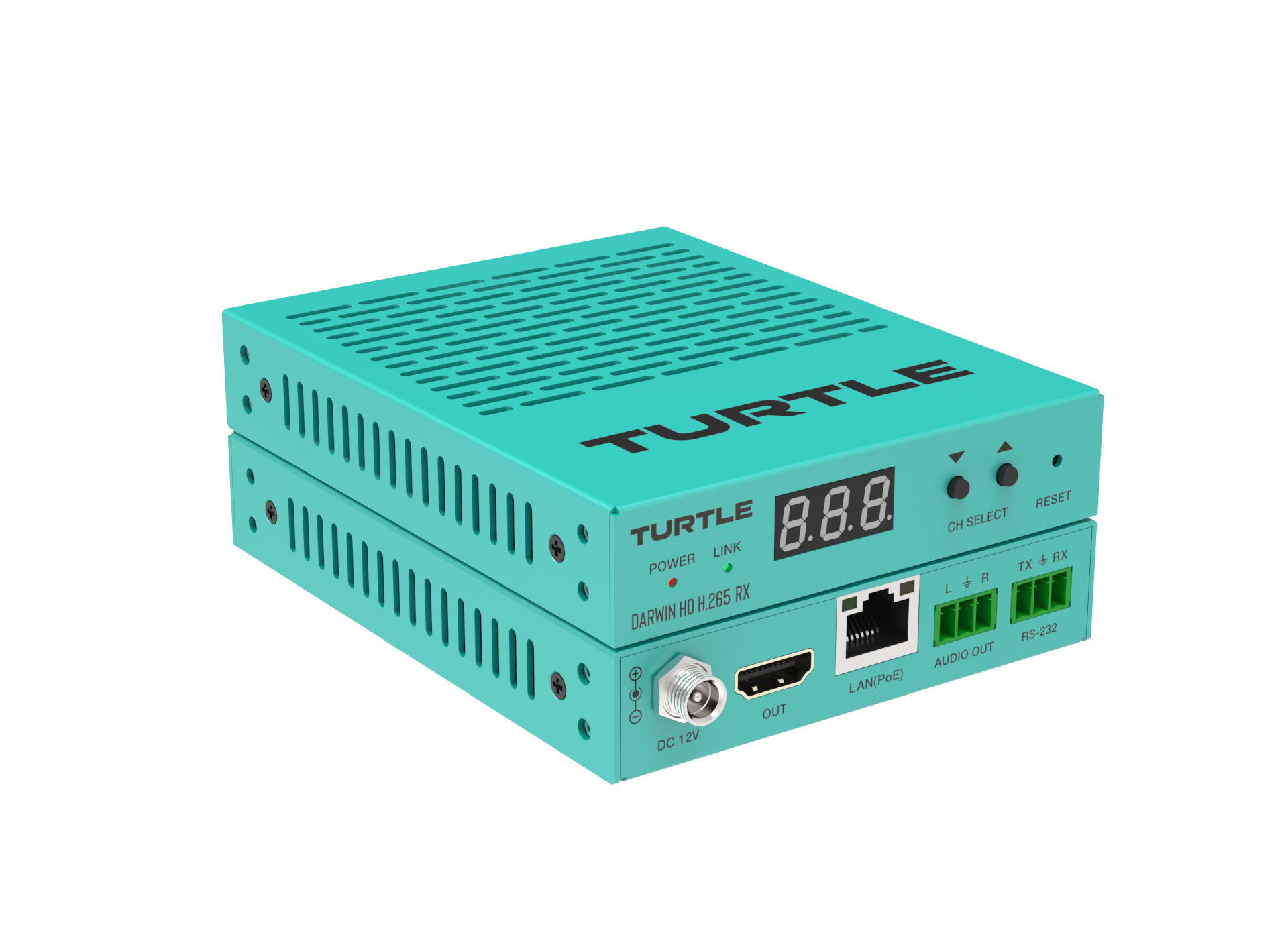 Turquoise elektronisch apparaat met het merk 'TURTLE' op een witte achtergrond