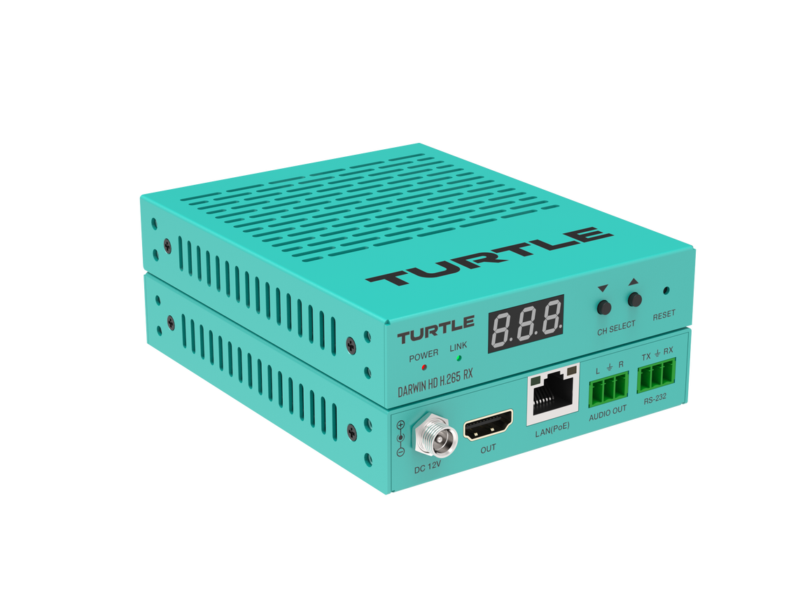 Turquoise elektronisch apparaat met het merk 'TURTLE' op een witte achtergrond