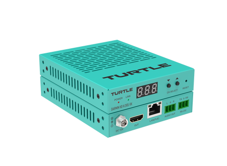 Turquoise elektronisch apparaat met het merk 'TURTLE' op een witte achtergrond