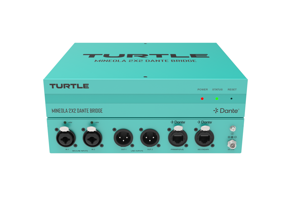 Turquoise audioapparatuurdoos met 'Turtle'-logo op een witte achtergrond