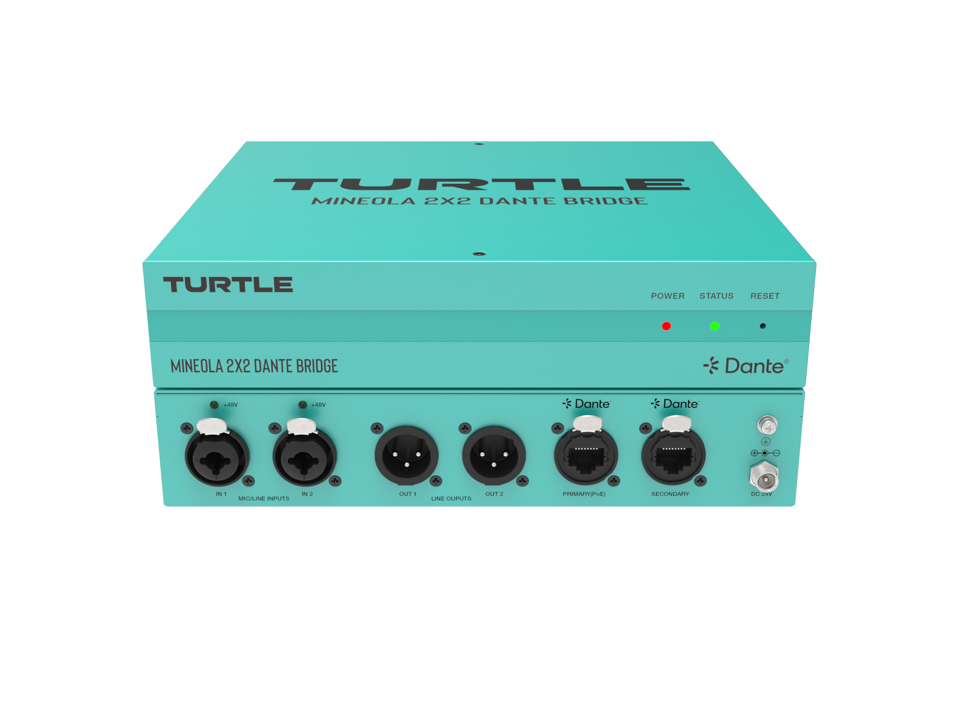 Turquoise audioapparatuurdoos met 'Turtle'-logo op een witte achtergrond