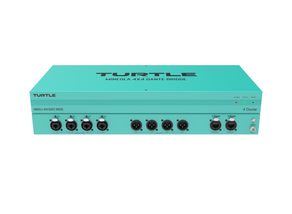 Turquoise audioapparaat met 'Turtle'-logo op een witte achtergrond