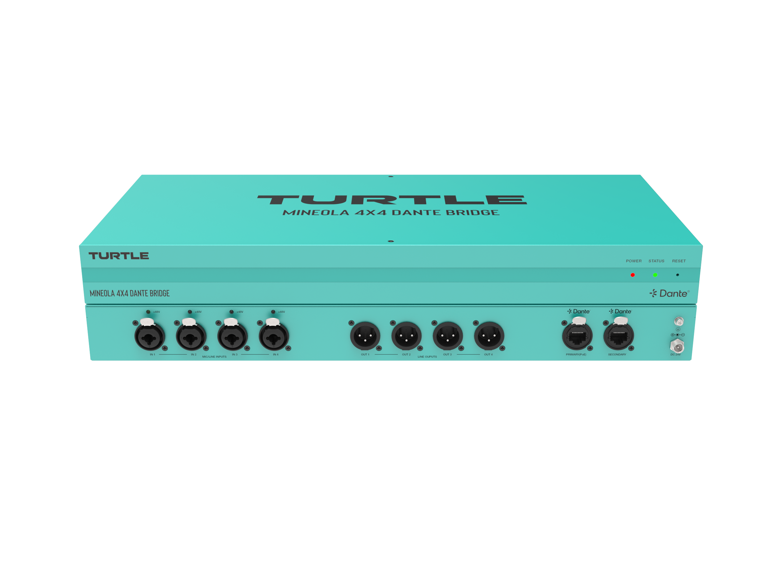 Turquoise audioapparaat met 'Turtle'-logo op een witte achtergrond