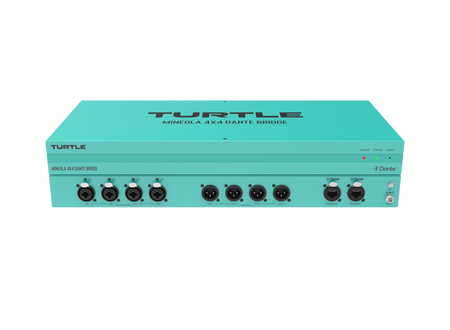 Turquoise audioapparaat met 'Turtle'-logo op een witte achtergrond