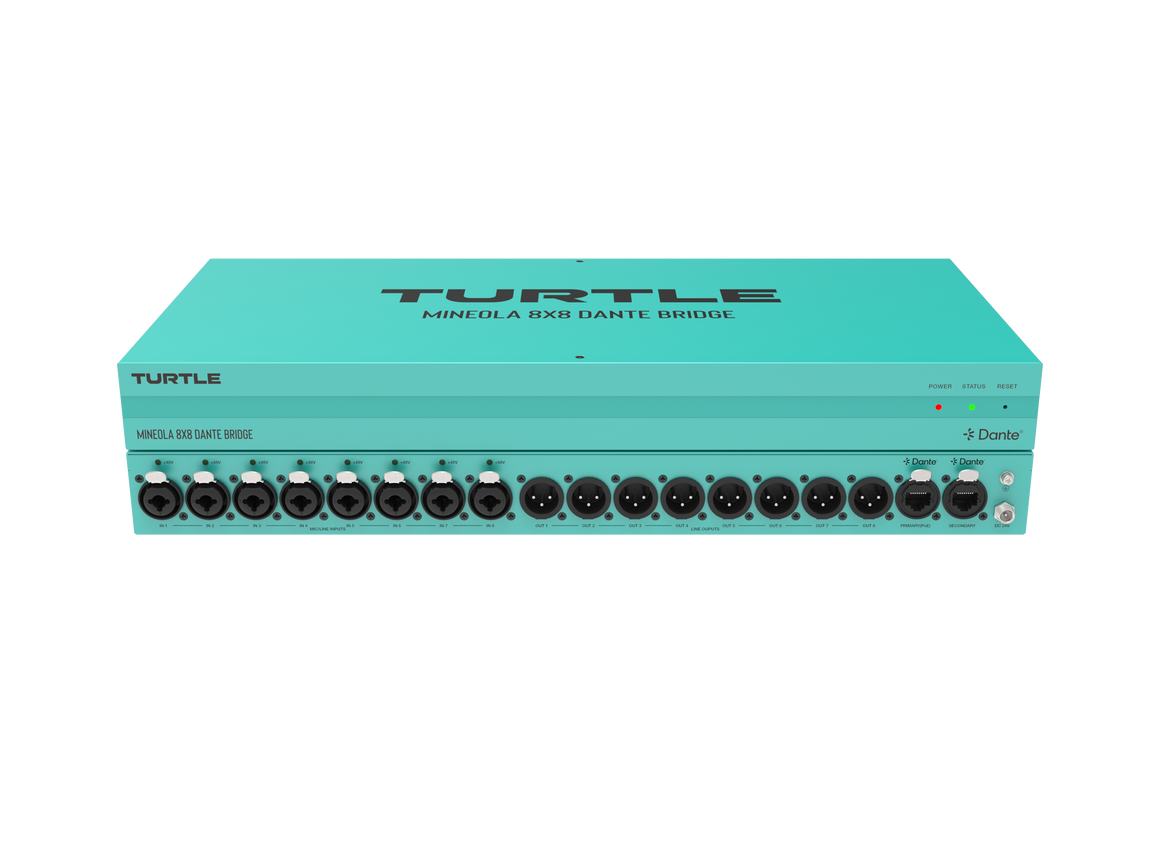 Teal audio-apparaat met meerdere poorten op een witte achtergrond