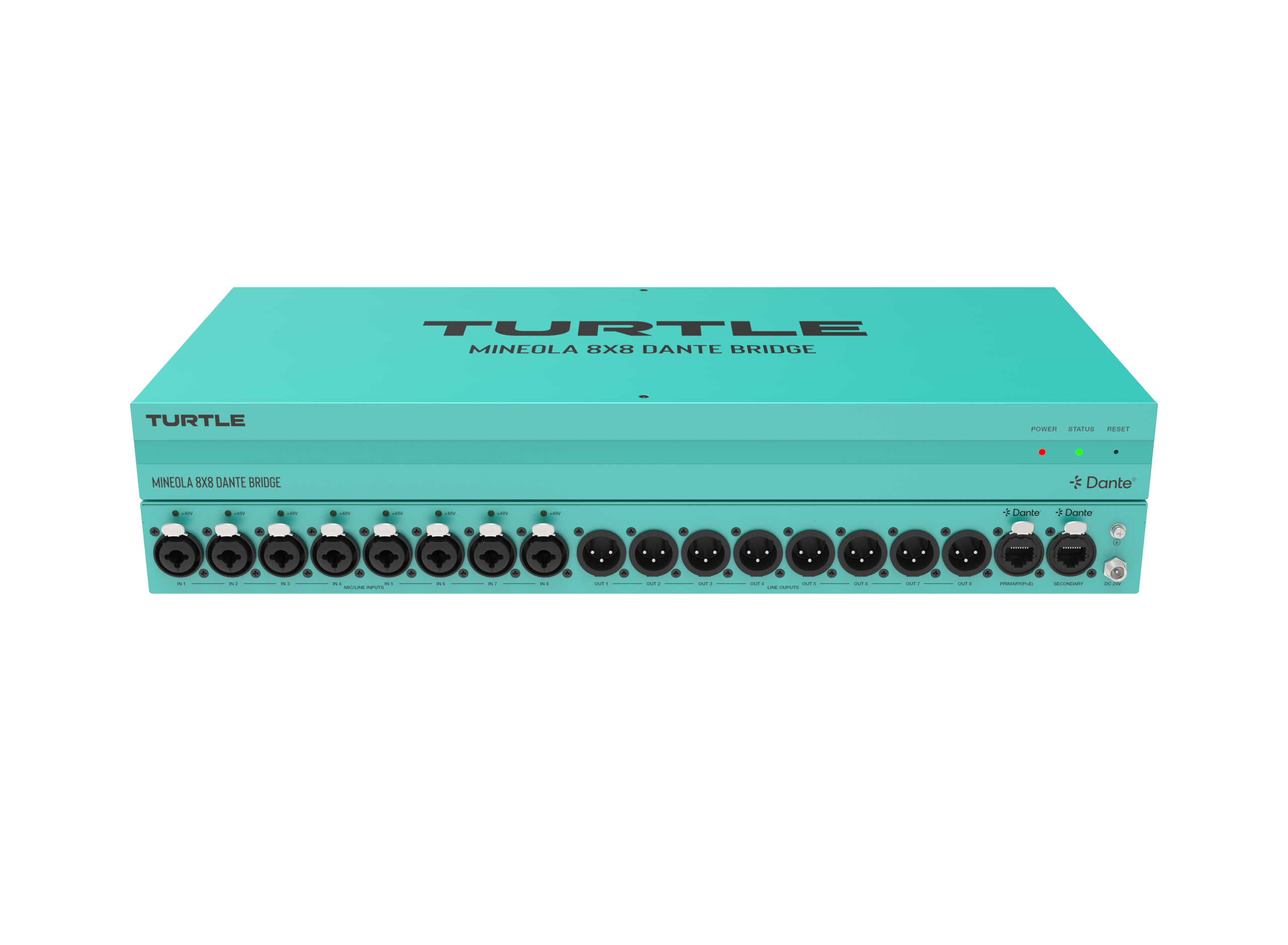 Teal audio-apparaat met meerdere poorten op een witte achtergrond