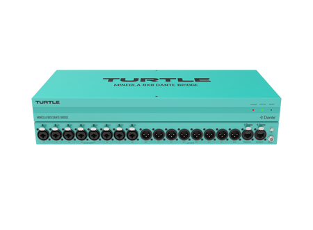 Teal audio-apparaat met meerdere poorten op een witte achtergrond