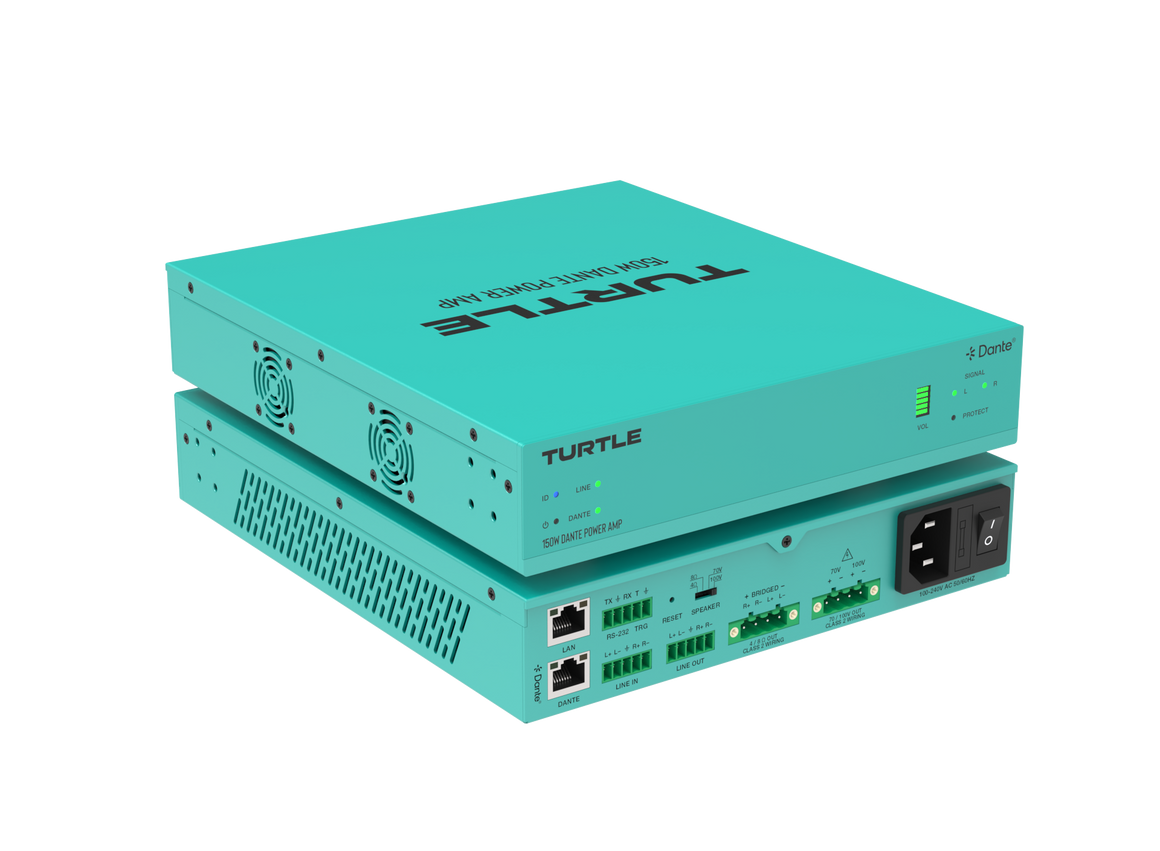 Turquoise elektronisch apparaat met het merk 'Turtle' op een witte achtergrond