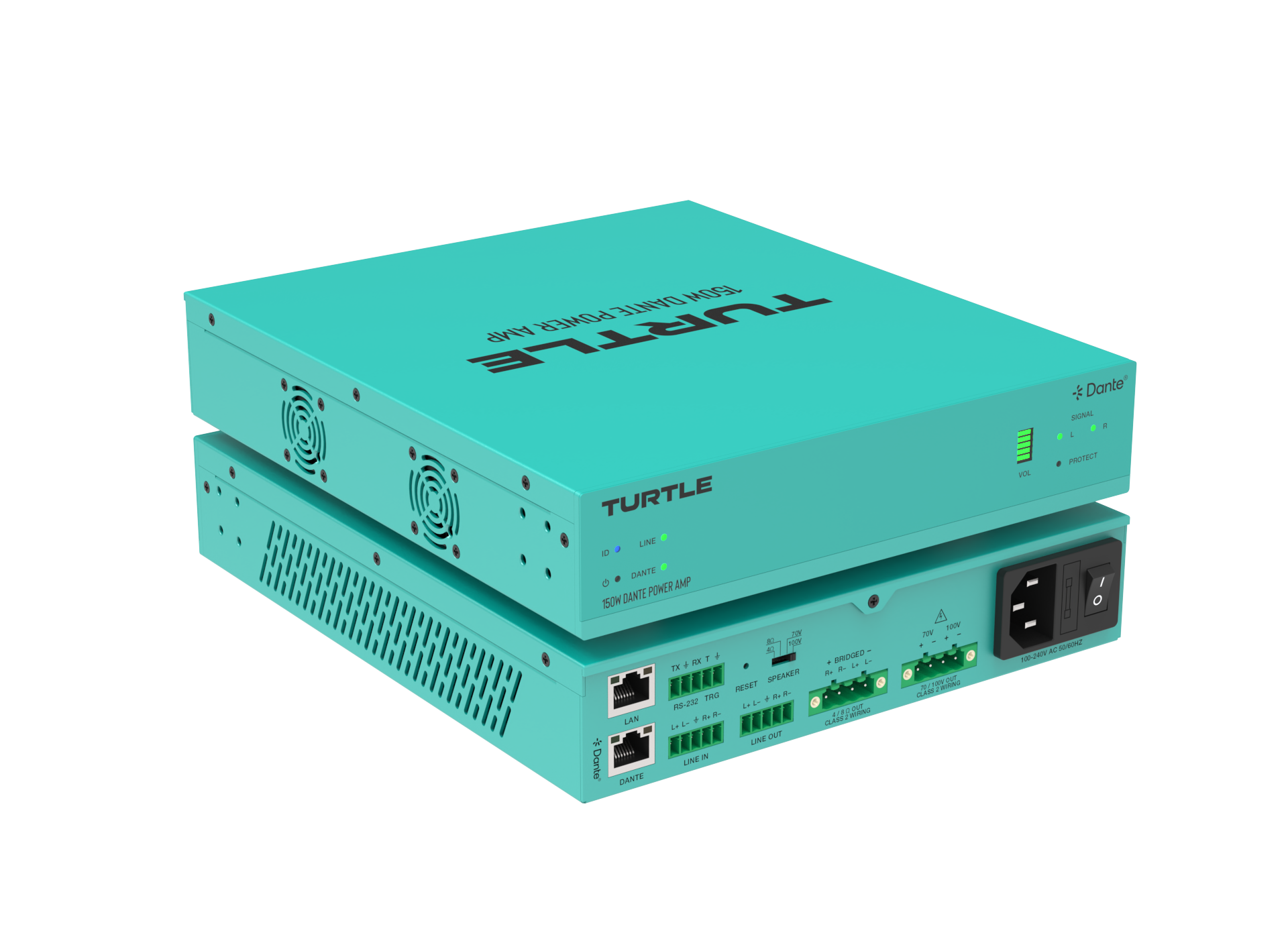 Turquoise elektronisch apparaat met het merk 'Turtle' op een witte achtergrond