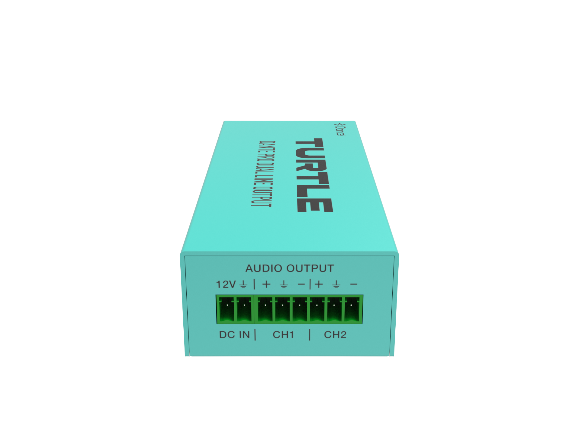 Turquoise elektronisch apparaat met het merk 'Turtle' op een witte achtergrond