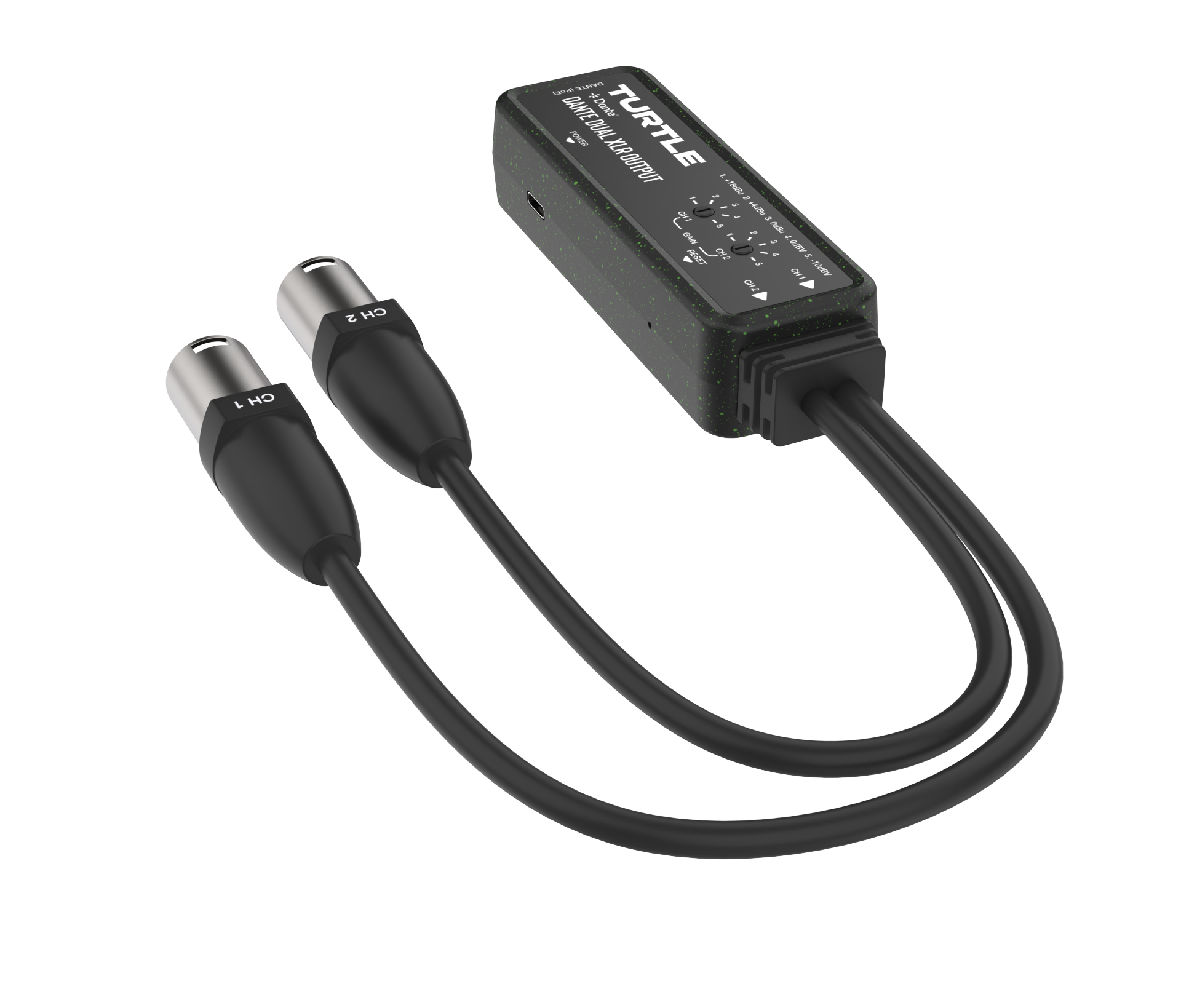 Zwarte audio-adapter met twee XLR-connectoren op een witte achtergrond