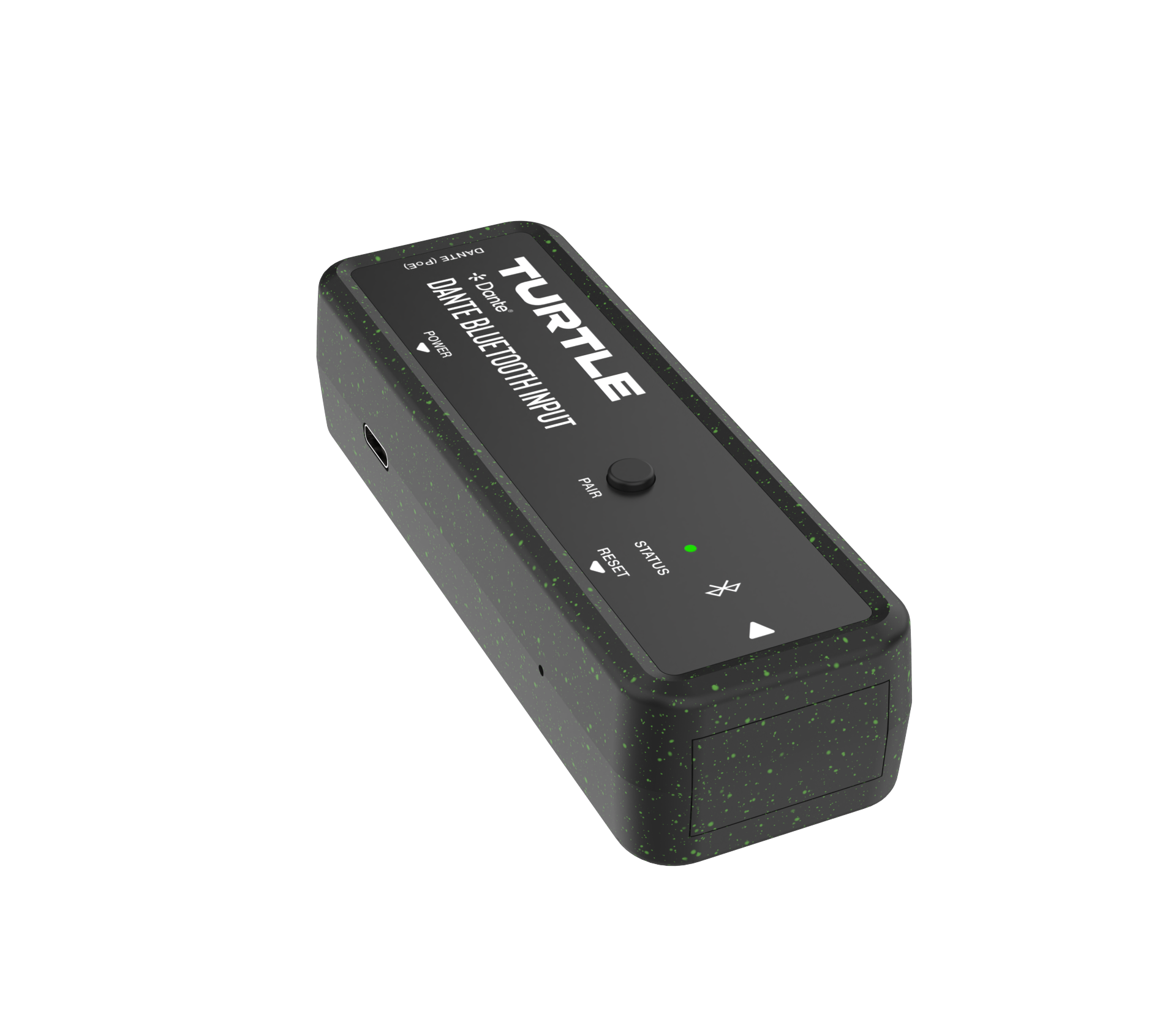 Zwarte Bluetooth-ontvanger met 'Turtle'-logo op een witte achtergrond