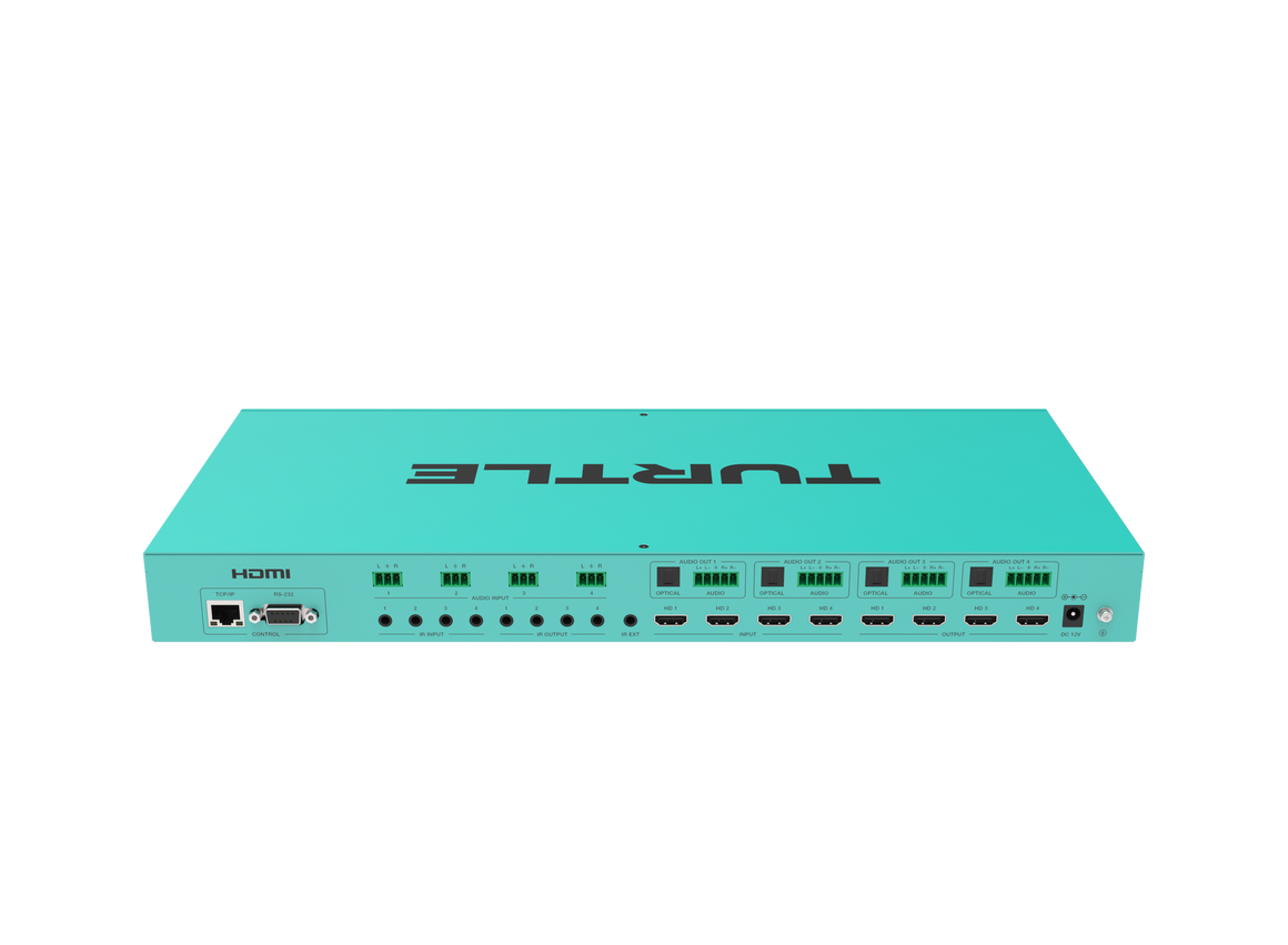 Turquoise apparaat met 'Turtle'-logo op een witte achtergrond