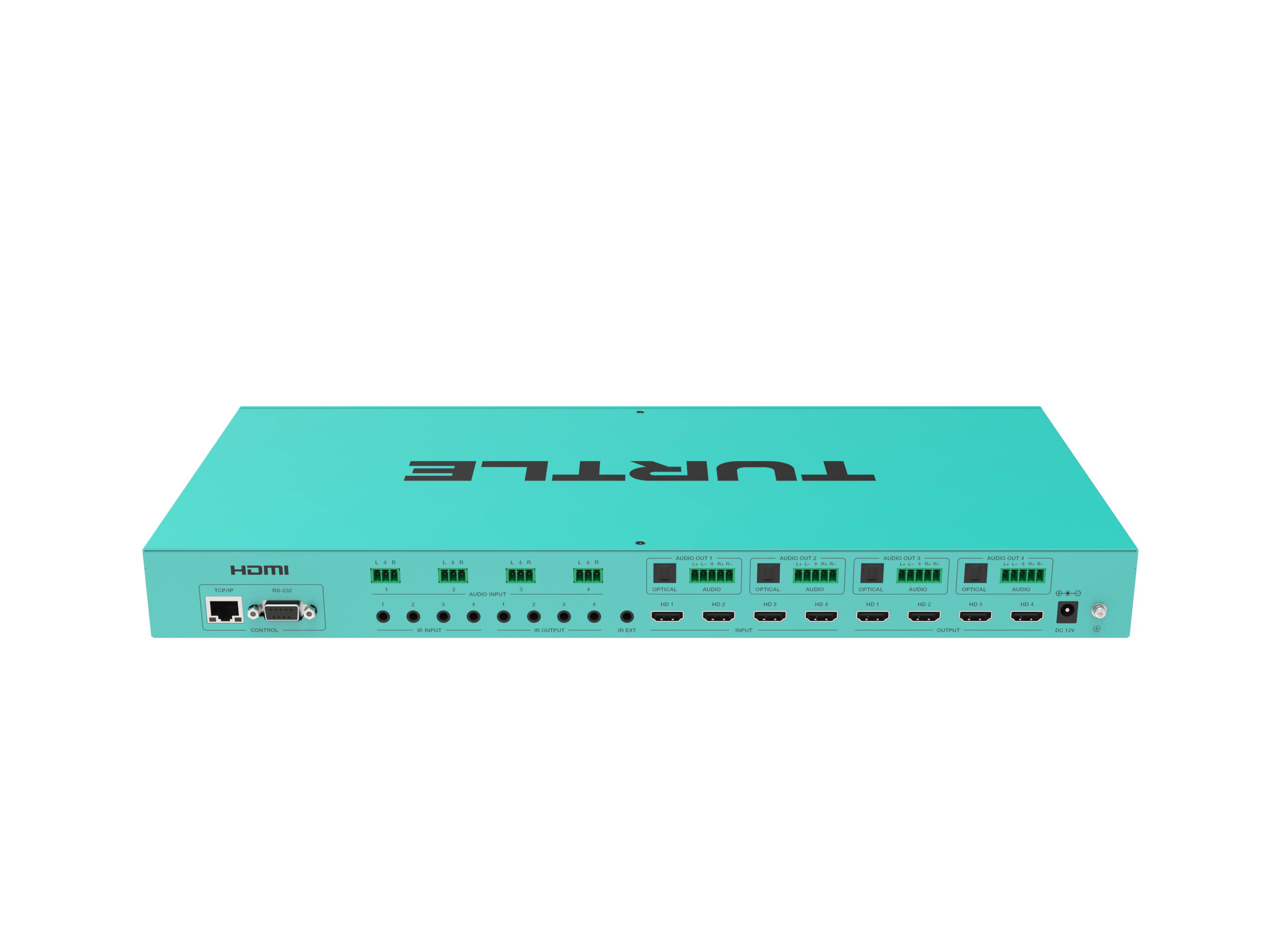 Turquoise apparaat met 'Turtle'-logo op een witte achtergrond