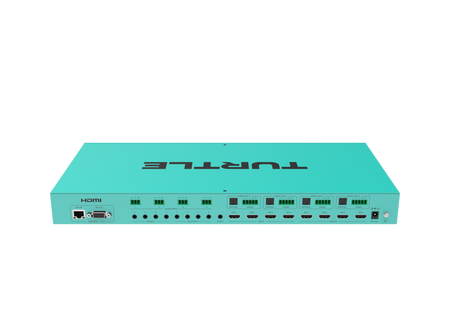 Turquoise apparaat met 'Turtle'-logo op een witte achtergrond