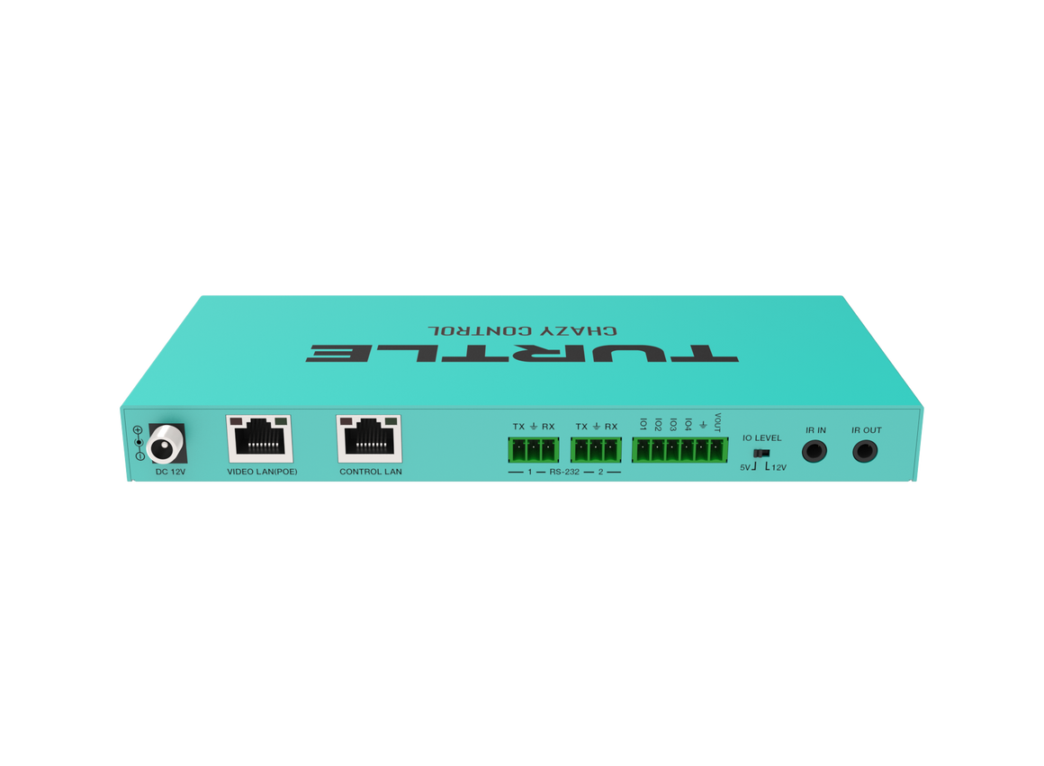 Turquoise netwerkapparaat met 'Turtle'-logo op een witte achtergrond