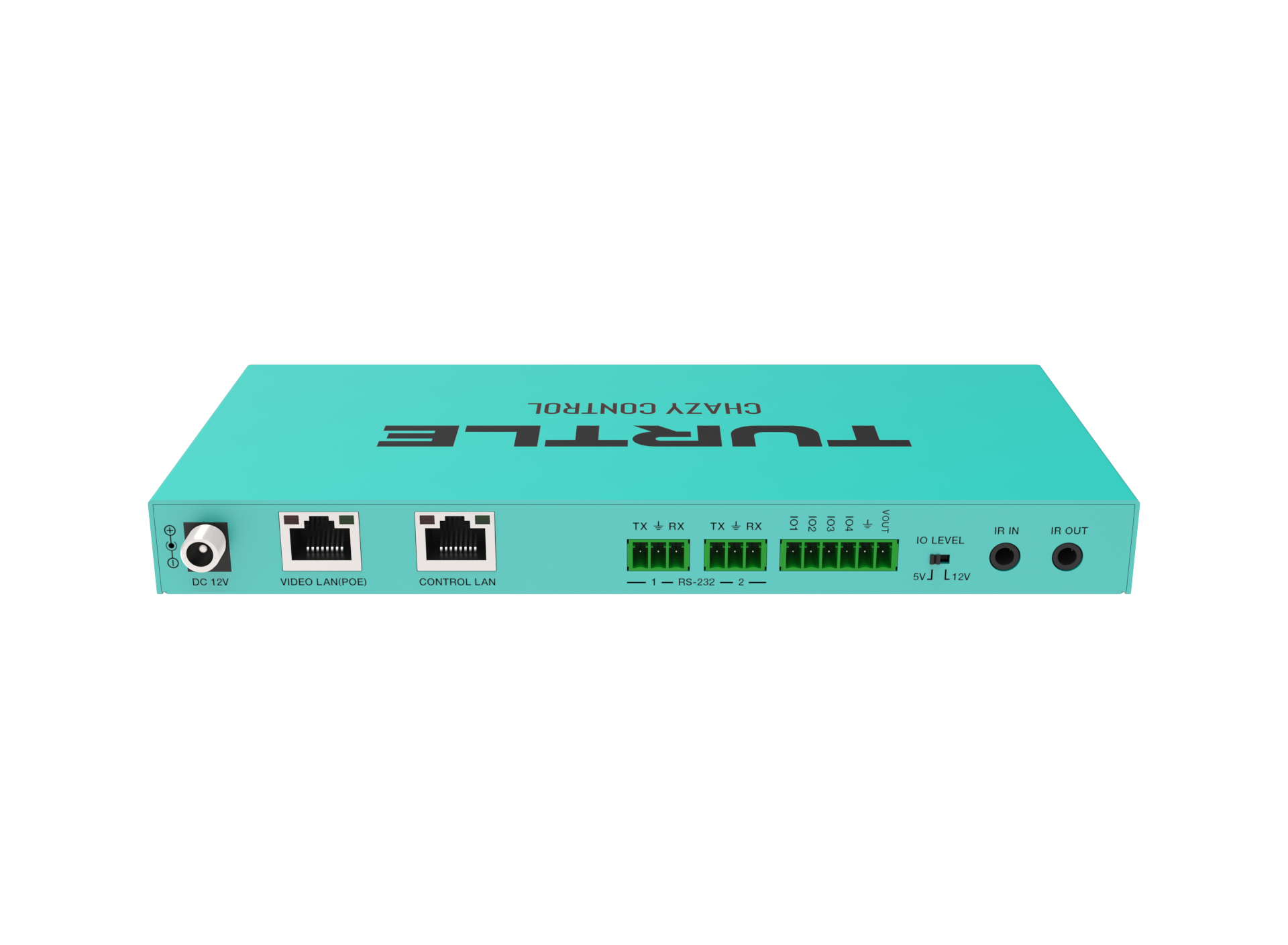 Turquoise netwerkapparaat met 'Turtle'-logo op een witte achtergrond