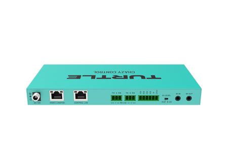 Turquoise netwerkapparaat met 'Turtle'-logo op een witte achtergrond