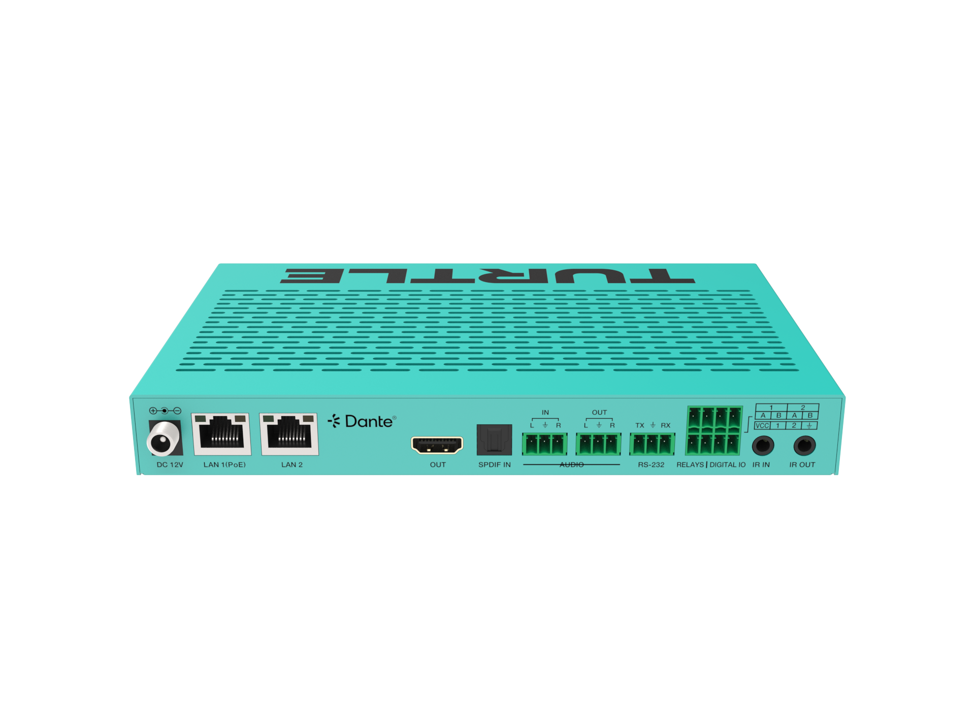Turquoise router met 'TURRTE'-logo op een witte achtergrond