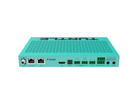 Turquoise router met 'TURRTE'-logo op een witte achtergrond