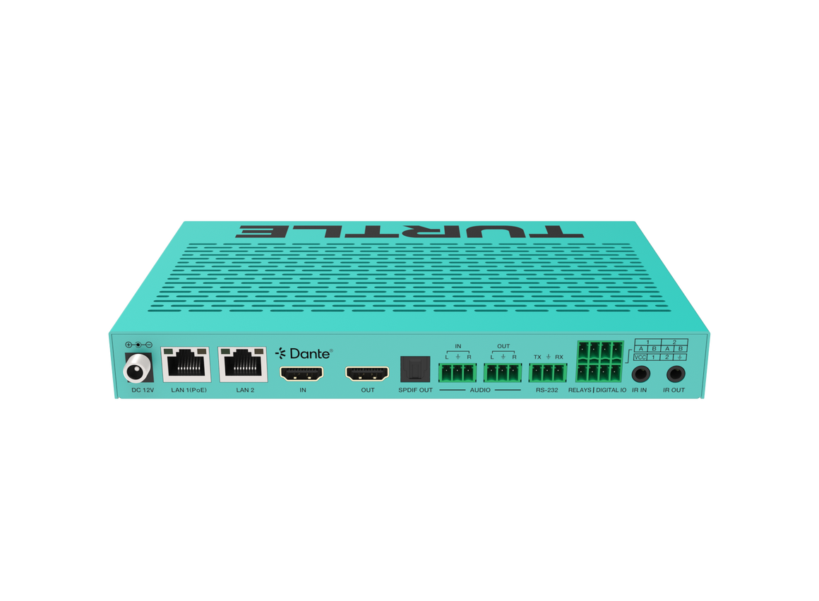 Turquoise router met 'TurtlE'-logo op een witte achtergrond