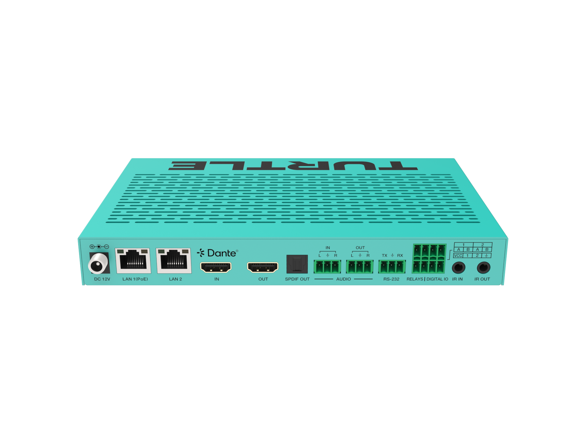 Turquoise router met 'TurtlE'-logo op een witte achtergrond