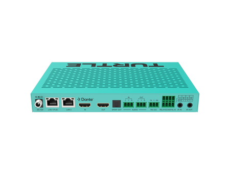 Turquoise router met 'TurtlE'-logo op een witte achtergrond