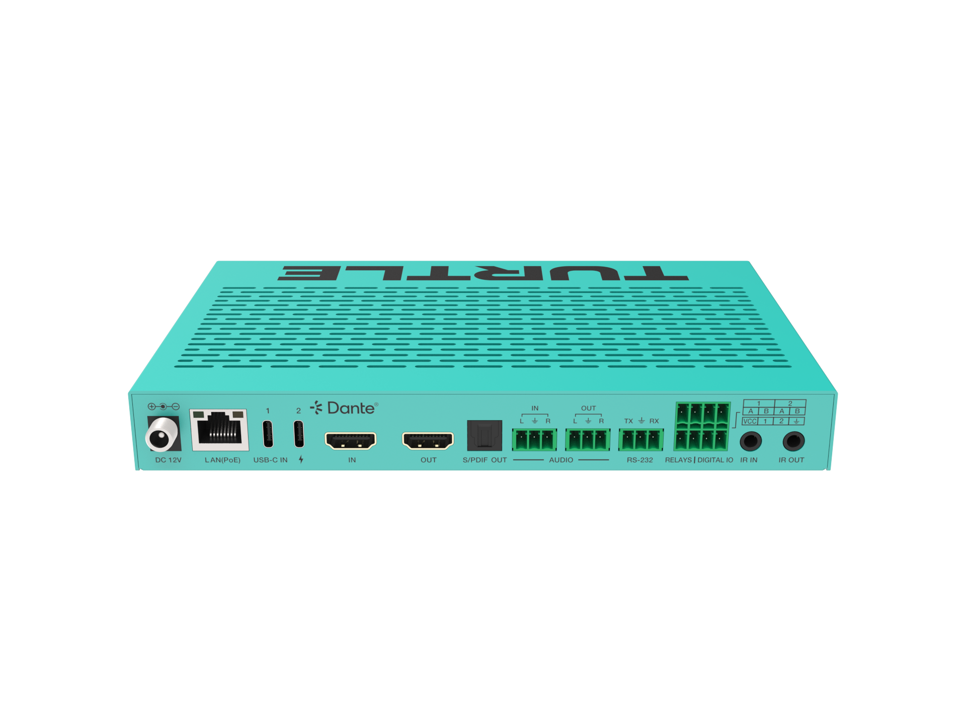 Turquoise router met 'TurtlE'-logo op een witte achtergrond