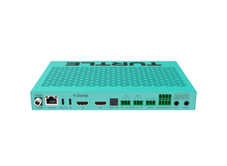 Turquoise router met 'TurtlE'-logo op een witte achtergrond