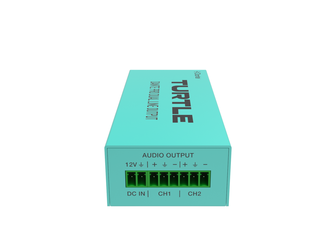 Turquoise elektronisch apparaat met het merk 'Turtle' op een witte achtergrond