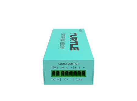 Turquoise elektronisch apparaat met het merk 'Turtle' op een witte achtergrond