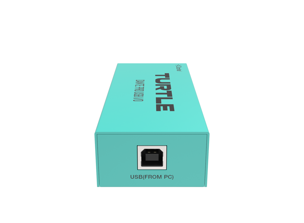 Turquoise doos met 'Turtle'-logo en USB-poortpictogram op witte achtergrond