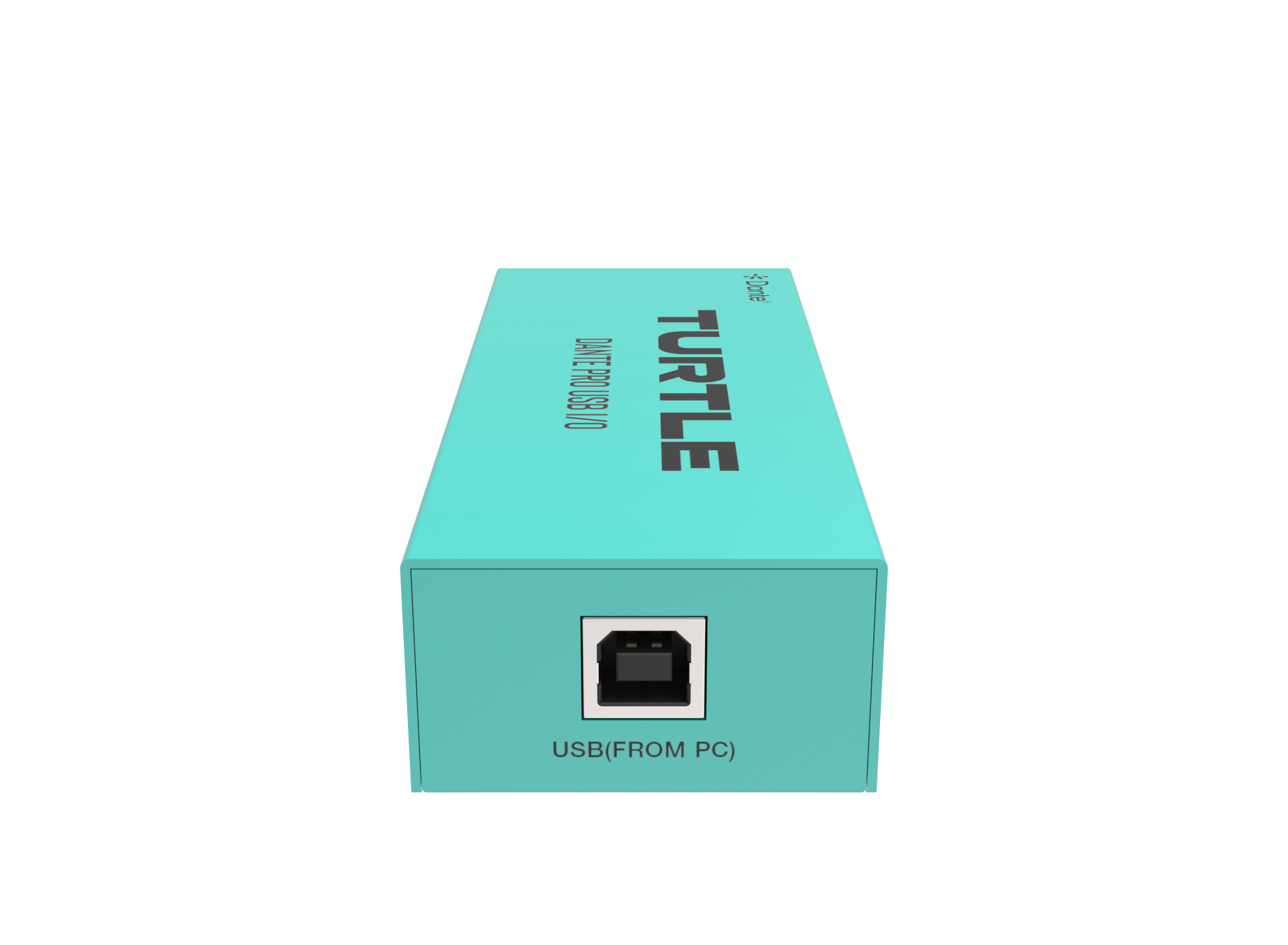 Turquoise doos met 'Turtle'-logo en USB-poortpictogram op witte achtergrond