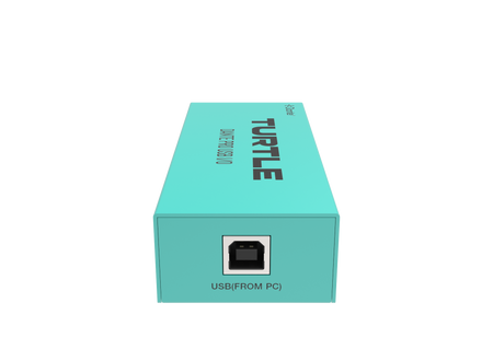Turquoise doos met 'Turtle'-logo en USB-poortpictogram op witte achtergrond