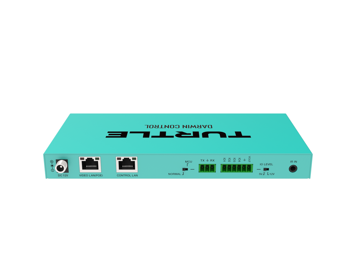 Turquoise elektronisch apparaat met het merk 'TURTLE' op een witte achtergrond