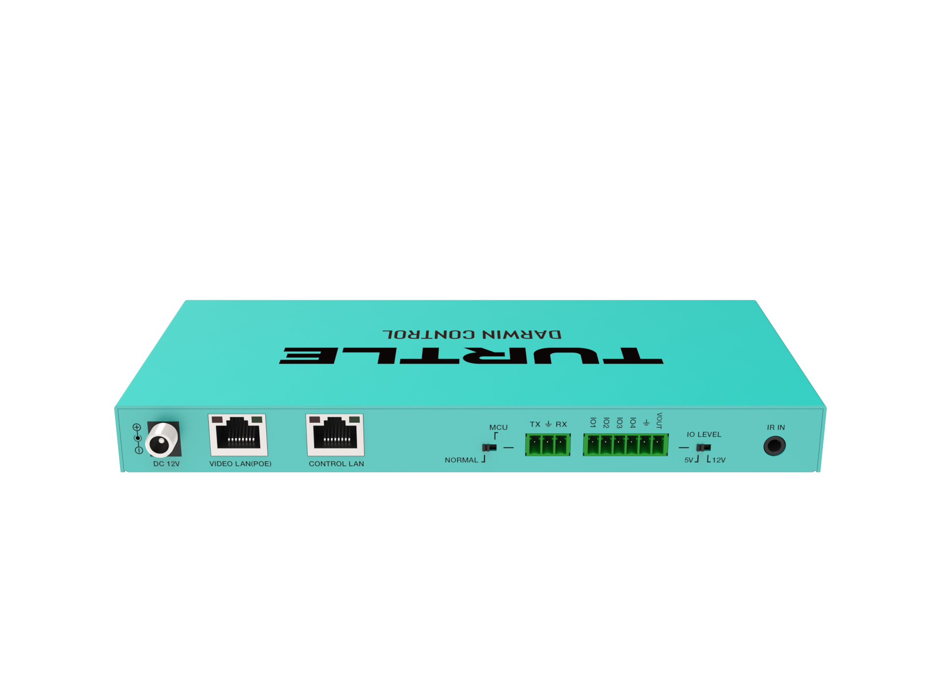 Turquoise elektronisch apparaat met het merk 'TURTLE' op een witte achtergrond