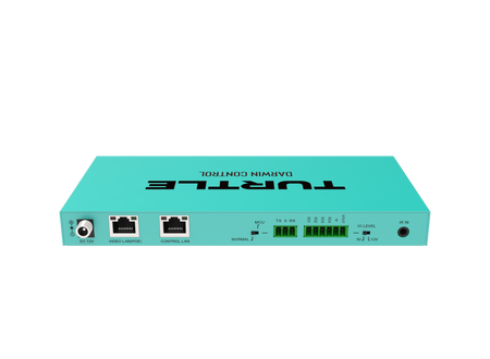 Turquoise elektronisch apparaat met het merk 'TURTLE' op een witte achtergrond